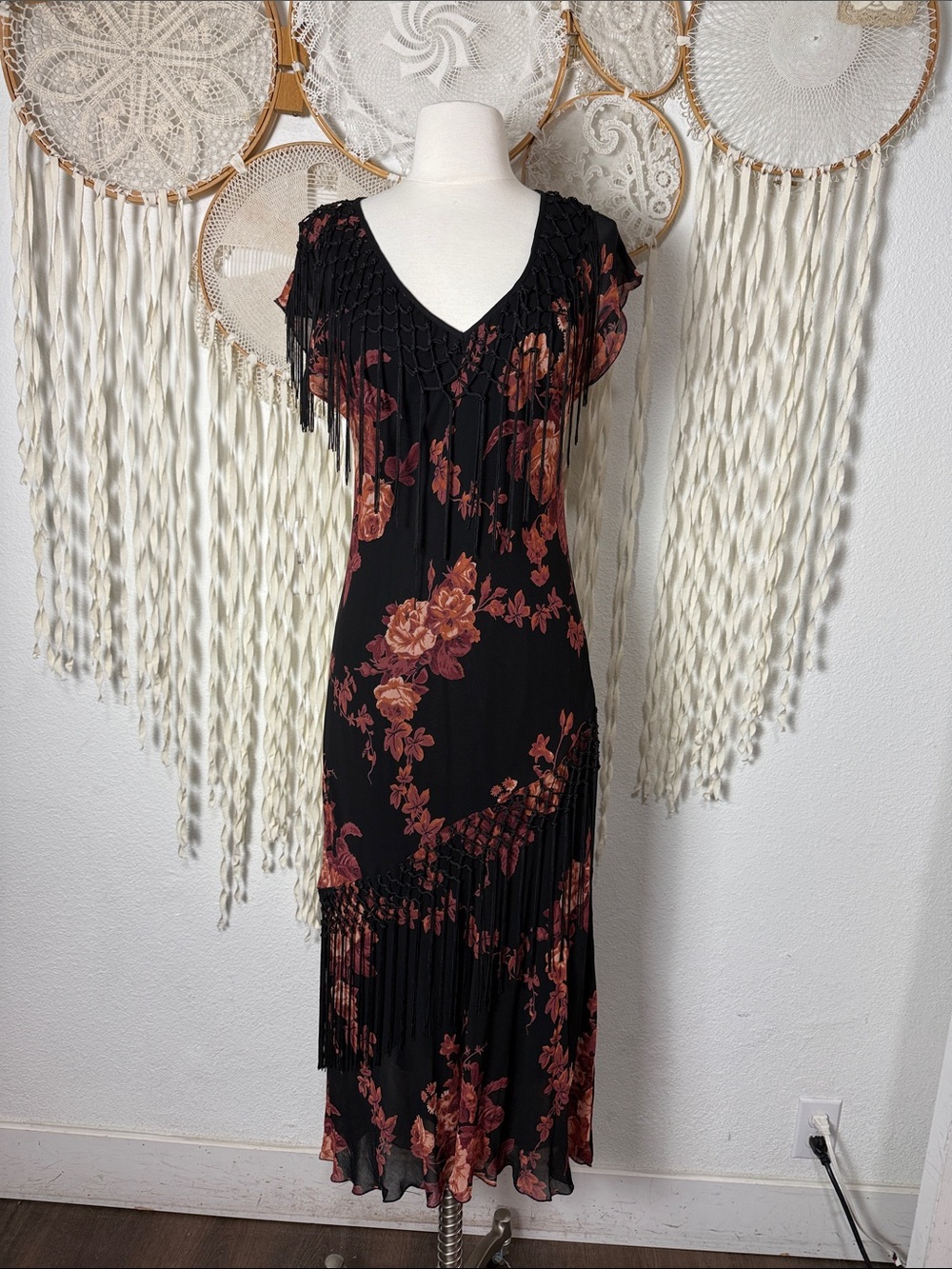 Vintage Temptation Rayon Floral Print Fringe Detail Cap Sleeve Midi Length Dress